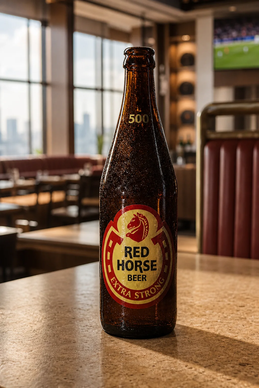 Red Horse bottle in a photographic setting