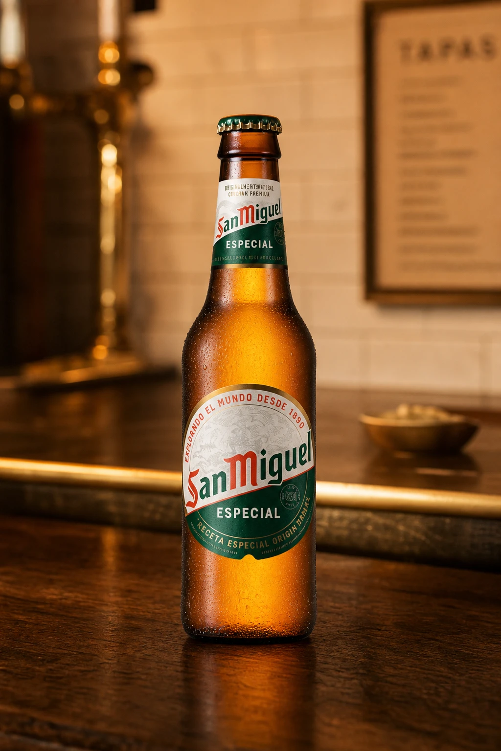 San Miguel bottle in a photographic setting