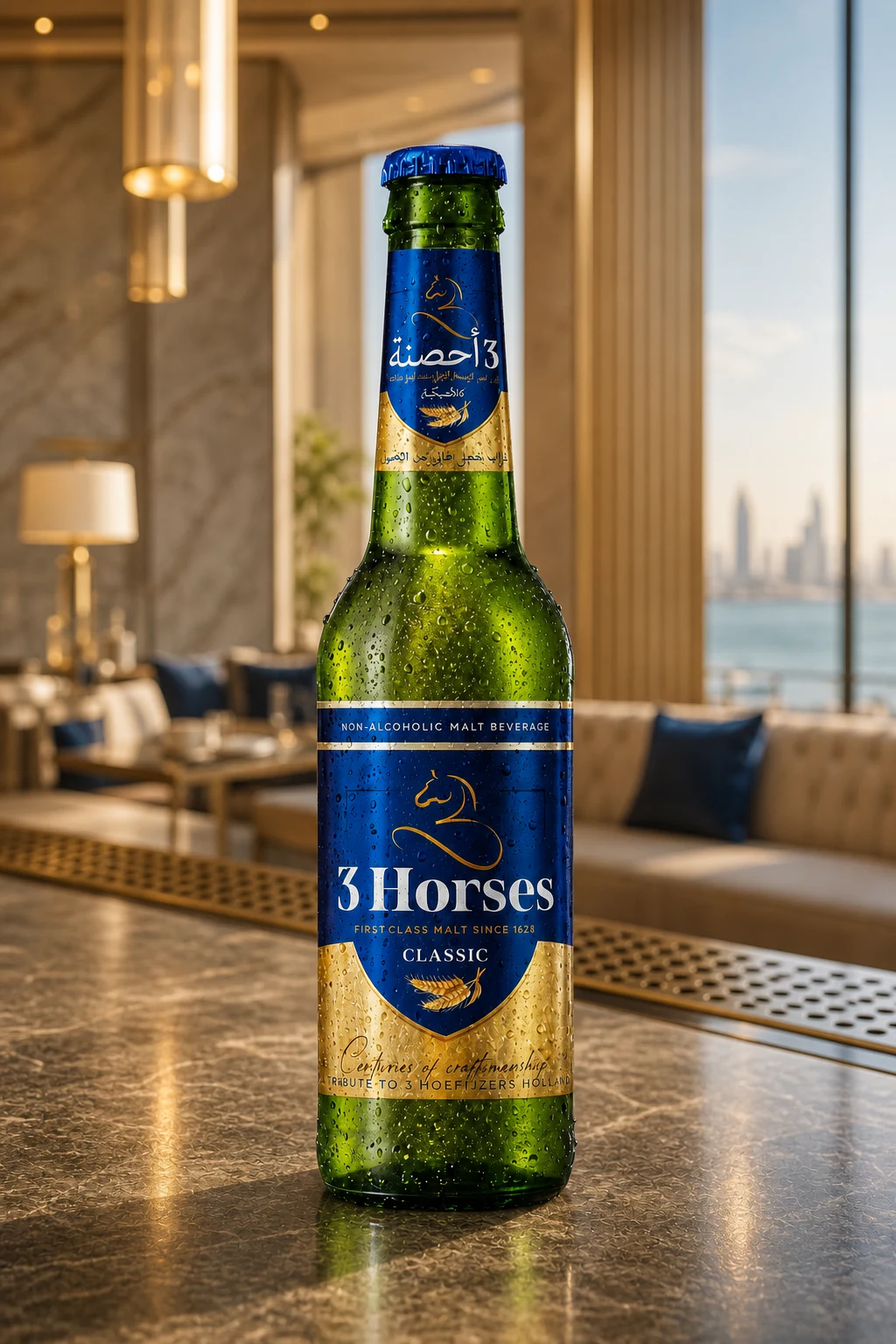 3 Horses bottle in a photographic setting