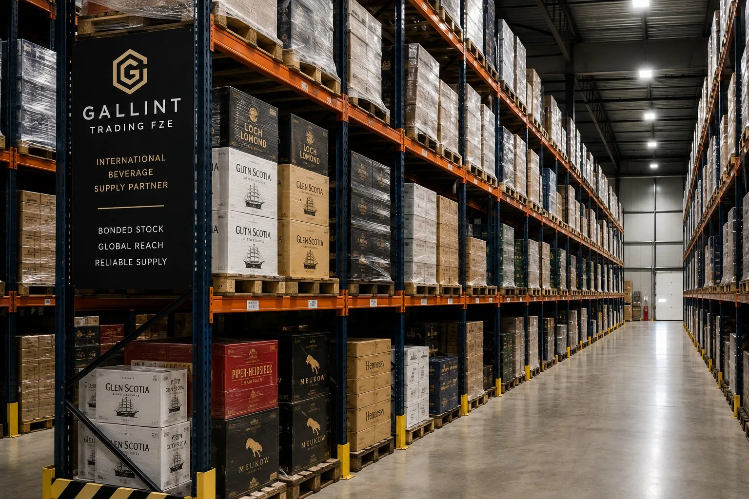 Export-ready beverage cases in a European bonded warehouse.