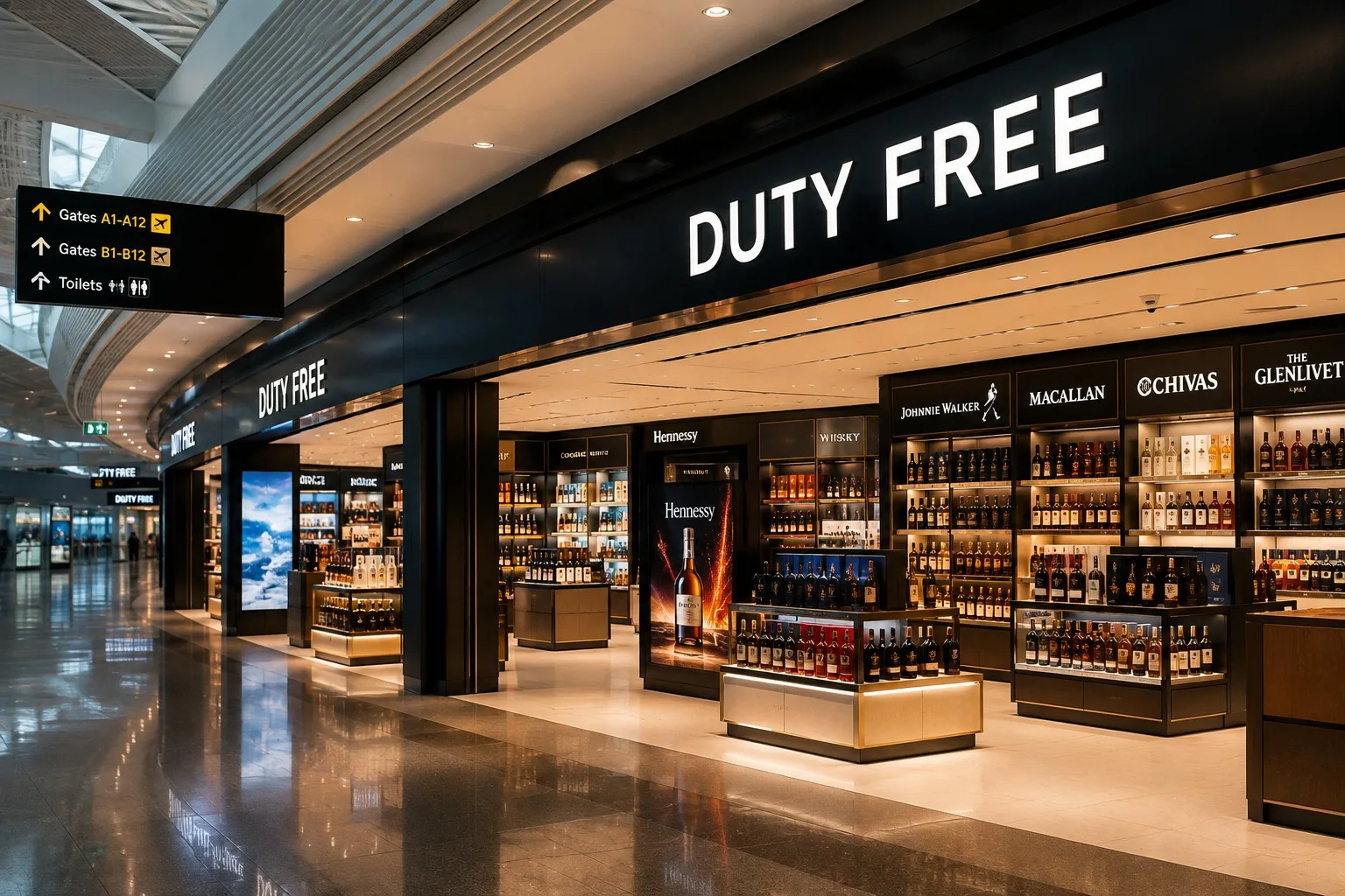 Airport duty-free shop floor with branded vitrines.